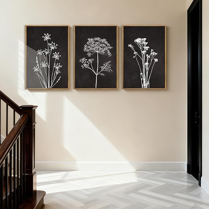 BINCUE Extra Large Framed Black and White Wall Art Floral Wall Decor Botanical Paintings for Living Room Bedroom Bathroom 24x36 Inch 3 Piece