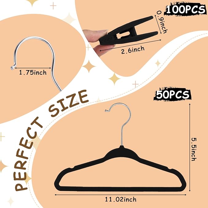 Soaoo 50 Pcs Baby Velvet Non-Slip Hangers with Clips,100 Clips for Pants & Skirts, Space-Saving Kids Children Clothes Hangers for Nursery Closet Organization(Black)