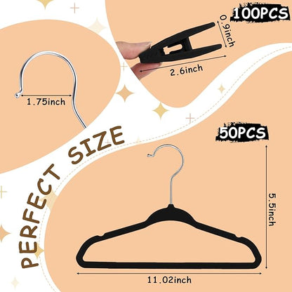 Soaoo 50 Pcs Baby Velvet Non-Slip Hangers with Clips,100 Clips for Pants & Skirts, Space-Saving Kids Children Clothes Hangers for Nursery Closet Organization(Black)