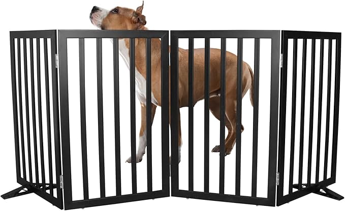 Dog Gate Indoor, Freestanding Dog Fence for The House, Doorways, Hallways,or Stairs,Pet Gate Foldable Wooden,Expandable 32" Height 4 Panels,Black