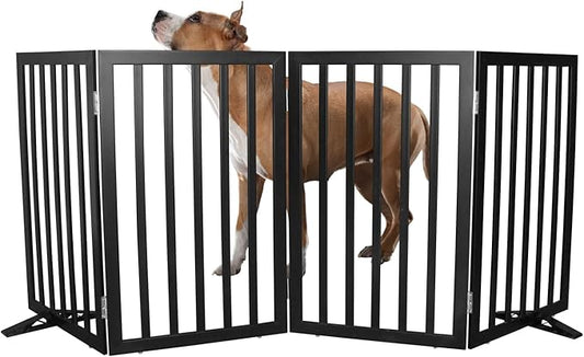 Dog Gate Indoor, Freestanding Dog Fence for The House, Doorways, Hallways,or Stairs,Pet Gate Foldable Wooden,Expandable 32" Height 4 Panels,Black