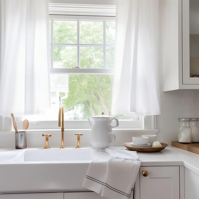 YoungsTex White Linen Curtains 40 Inches Length for Kitchen Cafe Window - Half Window Drapes Semi Sheer Light Filtering with Bronze Grommet for Bathroom Rustic Privacy, 2 Panels, 34 X 40 Inch