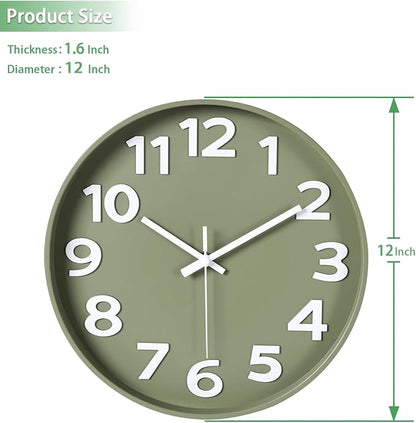 45MinST 12 Inch 3D Number Dial Face Modern Indoor Outdoor Clock, Silent Non-Ticking Round Home Decor Wall Clock with Arabic Numerals, Colorful Dial Face (Olive Green)
