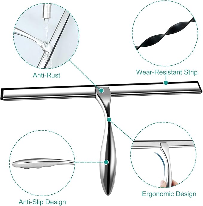Shower Squeegee for Glass Doors,12-Inch Shower Glass Squeegee, Sliver Shower Squeegee for Shower Doors,Mirror,Windows, with Shower Door Hook and Adhesive Hook