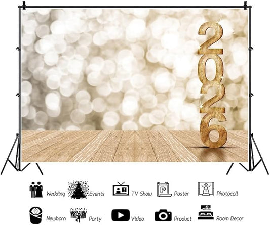 Leyiyi Happy New Year 2026 Background 20x10ft Photography Backdrops Wooden Bokeh Light Spot Dreamy Paillette Twinkle New Year Eve Christmas Family Party Adults Shooting Props