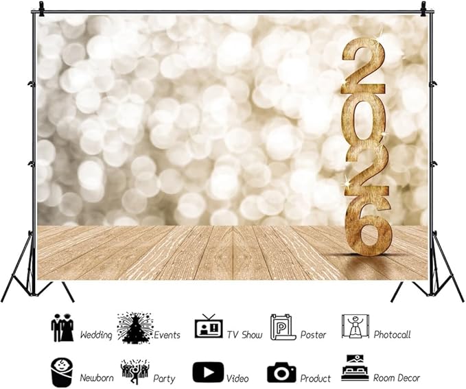Leyiyi Happy New Year 2026 Background 10x8ft Photography Backdrops Wooden Bokeh Light Spot Dreamy Paillette Twinkle New Year Eve Christmas Family Party Adults Shooting Props