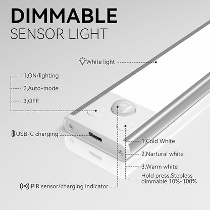 Under Cabinet Lighting, 3 Color Magnetic Motion Activated Under Cabinet Lights, Rechargeable Closet Lights 1800mAh Battery Operated, Wireless Dimmable Under Counter Lights for Kitchen,Hallway 4 Pack