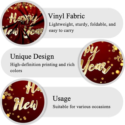 Leowefowa 5x3ft Happy New Year Round Backdrop Cover Red 2026 New Years Background Red and Gold Sequins Glitter Dot New Year Eve Celebration Festival Party Banner Decor Photo Studio Props