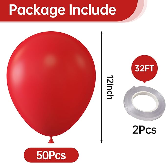 KALOR 12 Inch Red Balloons, 50 Pcs Latex Helium Balloons for Kid's Birthday Party, Baby Shower, Wedding, Graduate Party Decorations
