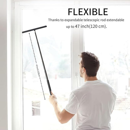 Shower Squeegee with Hook, Stainless Steel Core Glass Wiper, Silicone Rubber Household Squeegees for Shower Glass Doors, Telescoping Handled 12 in Squeegee,Black