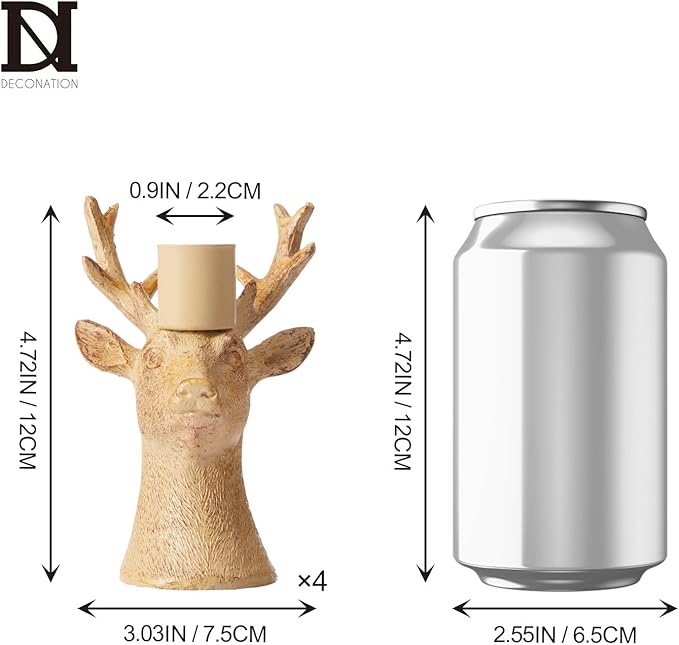DN DECONATION Christmas Candle Holders Set of 4 – Reindeer Taper Candle Holders in Rustic Wood Color, Deer Head Candlestick Holders Holiday Tabletop Decor for Living Room, Fireplace, Party & Gift