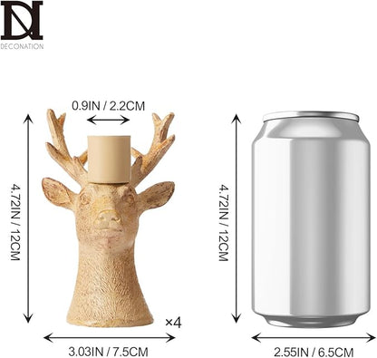 DN DECONATION Christmas Candle Holders Set of 4 – Reindeer Taper Candle Holders in Rustic Wood Color, Deer Head Candlestick Holders Holiday Tabletop Decor for Living Room, Fireplace, Party & Gift