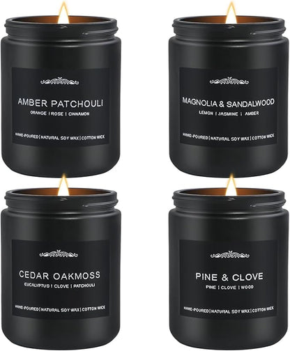 Scented Candle Set for Men, 4 Pack Black Jar Candles with Manly Scents – Amber Patchouli, Magnolia Sandalwood, Cedar Oakmoss, Pine Clove, Soy Wax Aromatherapy Gift for Him, Dad, Husband, Father's Day