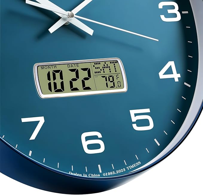 Wall Clock, 10" Dial Non-Ticking Silent Battery Operated Analog with LCD Display for Perpetual Calendar and F° Temperature, Ideal Modern Home, Bedroom, Kitchen, Office Decor (Blue)