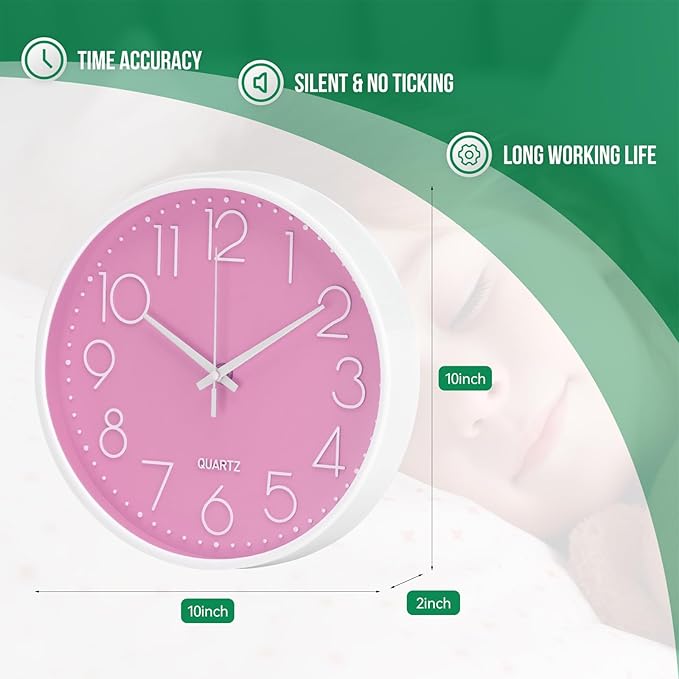 Wall Clock 10 Inch Non-Ticking Silent Modern Simple Style Round Decor Clock Pink Stereoscopic Dial Quartz Wall Clocks for Home/Office/School/Living Room/Bedroom/Kitchen