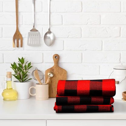 Waffle Weave Plaid Dish Cloths, 100% Cotton - 12 x 12 Inches, Ultra Soft Absorbent Quick Drying Dish Towels Buffalo Check Dish Rags for Kitchen, 8 Pack - Fall Thanksgiving - Red & Black