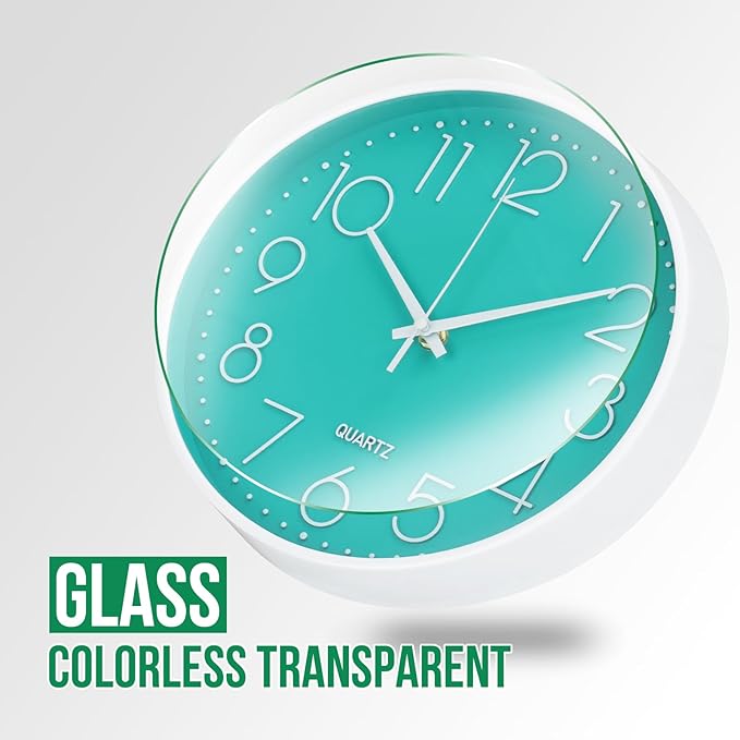 Wall Clock 10 Inch Non-Ticking Silent Modern Simple Style Round Decor Clock Turquoise Stereoscopic Dial Quartz Wall Clocks for Home/Office/School/Living Room/Bedroom/Kitchen