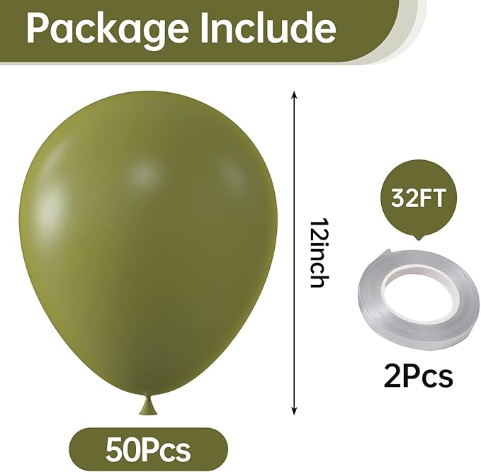 KALOR 12 Inch Avocado Green Balloons, 50 Pcs Latex Helium Balloons for Kid's Birthday Party, Baby Shower, Wedding, Graduate Party Decorations