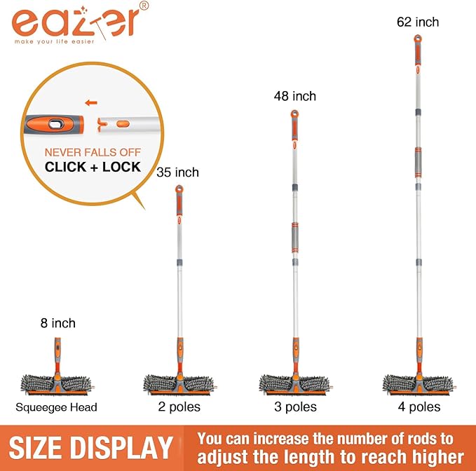 Eazer Squeegee Window Cleaner 2 in 1 Rotatable Window Cleaning Tool Kit with Elbow/Straight Extension Pole, 62‘’ Window Washing Equipment with Bendable Head for Indoor/Outdoor Car Glass
