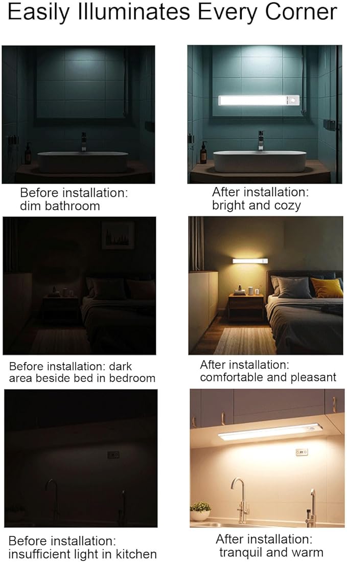 FTVOGUE 9.4in LED Motion Sensor Light Indoor Rechargeable Under Cabinet Lighting with 3 Color Temperatures 120 Wide Angle Sensor for Kitchen Closet Garage