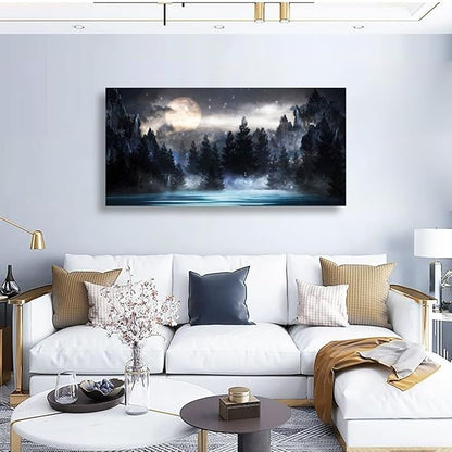 Mountain Moon Pictures Canvas Wall Art for Living room Office Bedroom Wall Decor,Moon Wall Art Print Paintings Modern Forest Nature Blue Lake Artwork Waterproof Ready to Hang-20x40inch