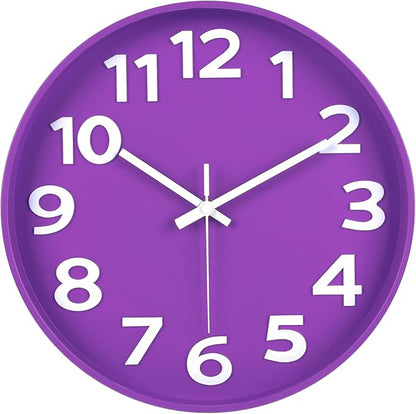 45MinST 12-Inch Modern Indoor Outdoor Wall Clock, Silent Non-Ticking, Large Numbers, Accurate Timekeeping, Perfect Decorative Accent for Home or Office (Purple)