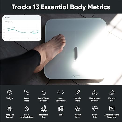 Wyze Smart Scale X - Digital Bathroom Scale for Body Weight, BMI, Body Fat, Muscle Mass, Heart Rate Monitor | ITO Glass & LED Backlight | Batteries Included, 400 lbs (White)