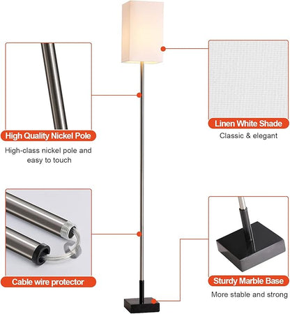 Floor Lamp, 3-Way Touch Control Dimmable Standing Lamp with Sturdy Marble Base, Brushed Nickel Touch Floor Lamp Tall Lamp with Square Linen Shade for Living Room, Bedroom, LED Bulb Included
