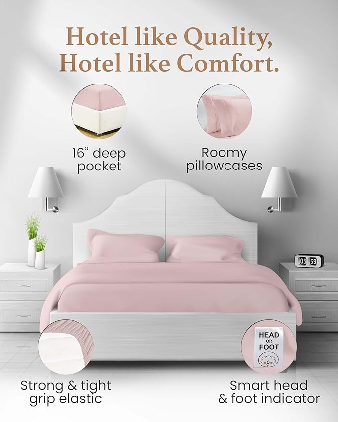 Split King Sheets Sets for Adjustable Bed Cotton, Luxury Sheets, 1000 TC Egyptian Cotton Sheets, 5 Piece 100% Cotton Split King Sheet Set, Sateen Sheets, 2 Fitted - 16" Deep Pocket, Blush