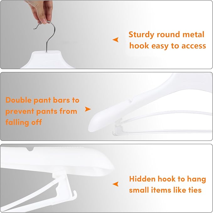 Suit Hangers for Men 50 Pack, White Coat Hangers Extra Wide Non Slip Width 17.7", Thick Plastic with Pants Bar & Metal Hook