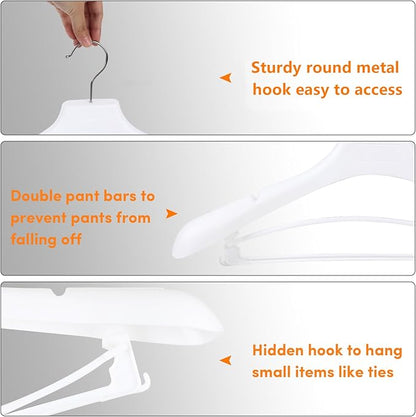 Suit Hangers for Men 50 Pack, White Coat Hangers Extra Wide Non Slip Width 17.7", Thick Plastic with Pants Bar & Metal Hook