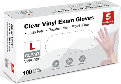 Schneider Clear Vinyl Exam Gloves, Latex-Free, Disposable Medical Gloves, Cleaning Gloves, Food Safe, Powder-Free, 4 mil