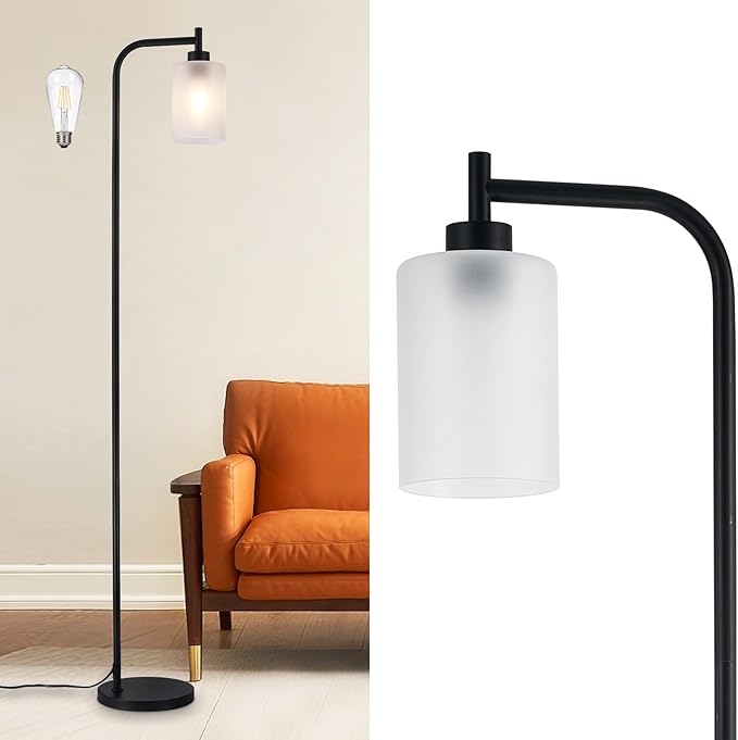 DLLT Floor Lamp Tall for Room: Black Standing Lamp with Frosted Glass Lampshade for Living Room - Modern Bright Lamp for Bedroom - Industrial Corner Floor Lamps for Office 8W Led Bulb Included