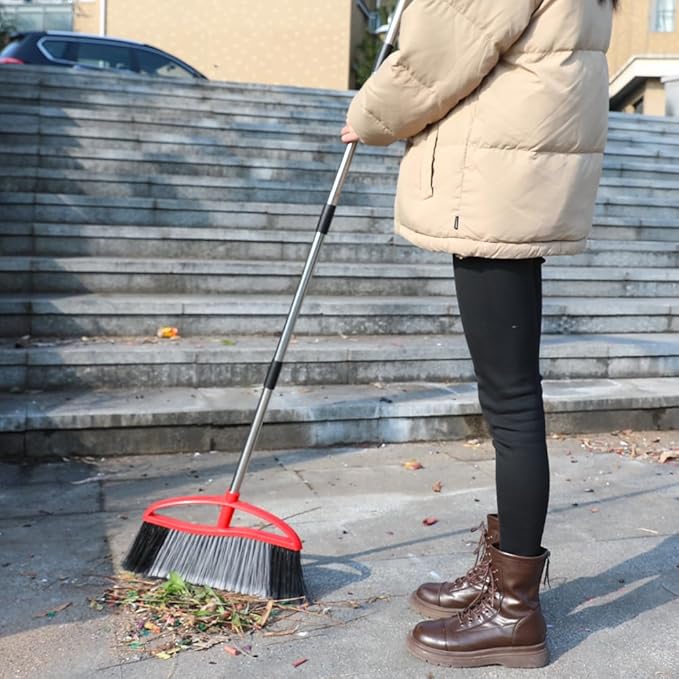 Outdoor Heavy Duty Broom, 15.7" All-Terrain Sweeper Featuring a Wide Angle Broom Design, Long Handle & Powerful Stiff Bristles for Patio, Garden, Garage, Yard (Red)