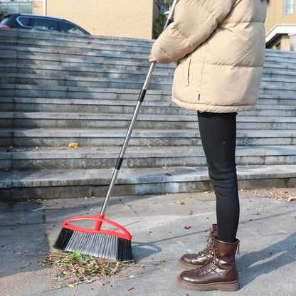 Outdoor Heavy Duty Broom, 15.7" All-Terrain Sweeper Featuring a Wide Angle Broom Design, Long Handle & Powerful Stiff Bristles for Patio, Garden, Garage, Yard (Red)