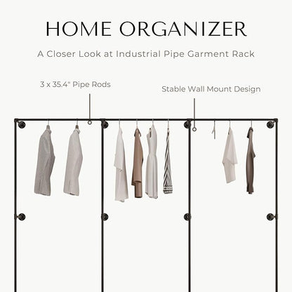 Industrial Pipe Clothing Rack, Heavy Duty Wall Mounted Clothes Rack, Retail Display Hanging Garment Rod for Laundry Rooms, Closet Storage 14.6x110x82.7 Inches, Model K07