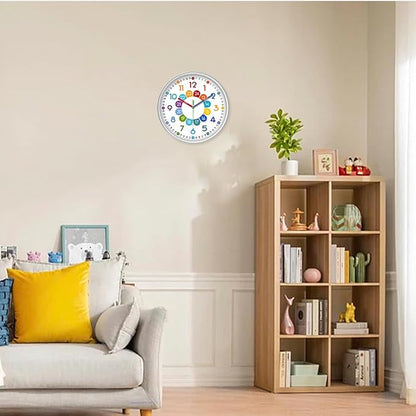 XFM Kids Wall Clock for Bedroom 14 Inch Round Colorful Learning Clock Children's Silent Non-Ticking Educational Analog Clock for Boys and Girls Classroom Home Decor