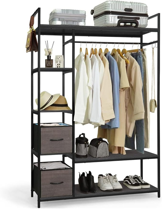 CAPHAUS 979lbs Capacity Heavy Duty Clothing Rack 48" W Metal Garment Rack with Drawers Hanging Rods and Wood Shelves Freestanding Closet Organizer, Black Board