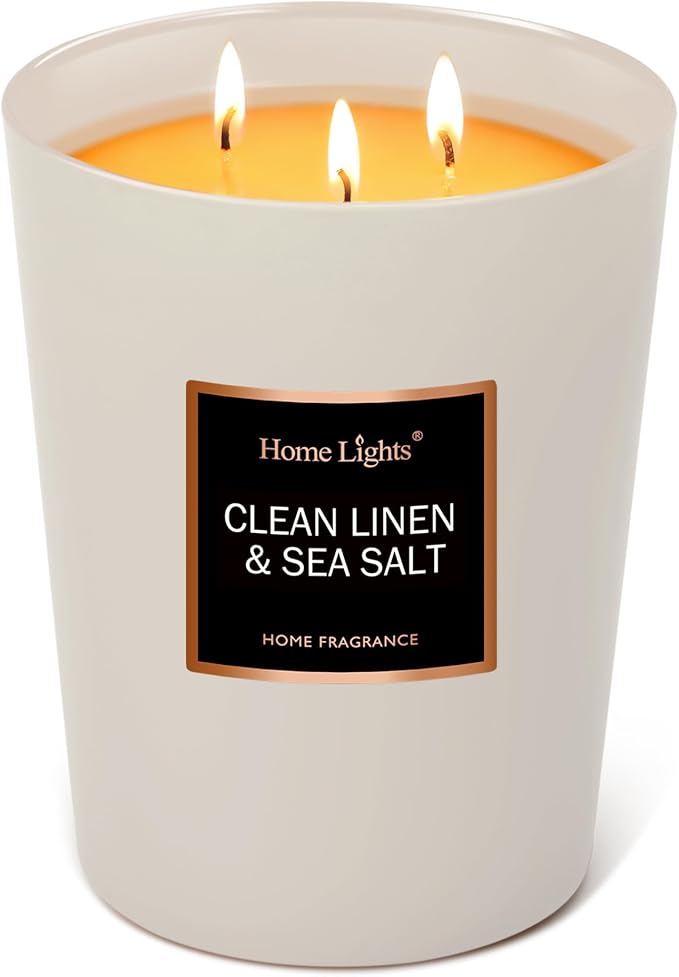 HomeLights Scented Candles - Large Jar Aromatherapy, Natural Soy Wax, 130 Hour Long Burning, Clean Linen & Sea Salt