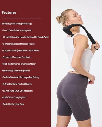 Upgraded 2-in-1 Massage Gun with Heat, Pain Relief Deep Tissue Back and Neck Massager with Extension Handle, Handheld Muscle Massage Gun for Back, Shoulder, Arm,Thigh