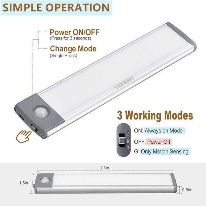 2 Pack Rechargeable Under Cabinet Lights with Motion Sensor - 30 LED 10 Inch, Wireless USB-C Magnetic for Kitchen, Bedroom, Wardrobe Closet Lighting