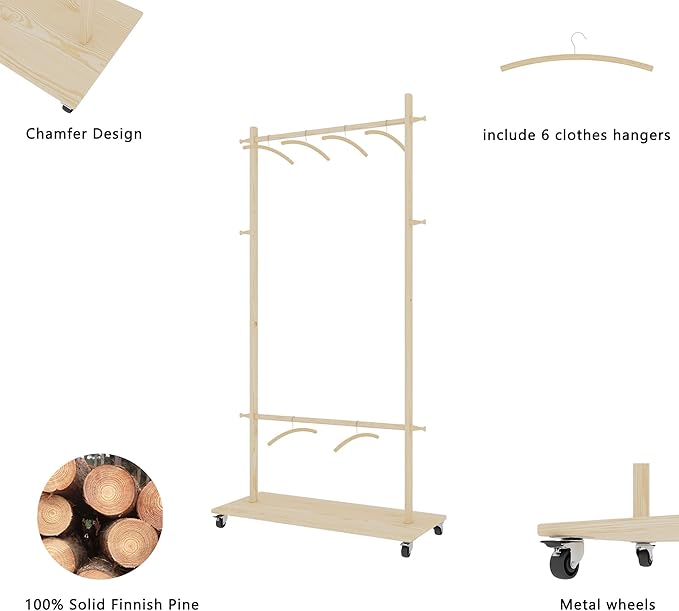 Solid Wood Coat Rack with 6 Hangers & Wheels, Freestanding Garment Rack with Shelf & 4 Hooks for Hanging Clothes, Heavy Duty Coat Stand for Hallway, Bedroom
