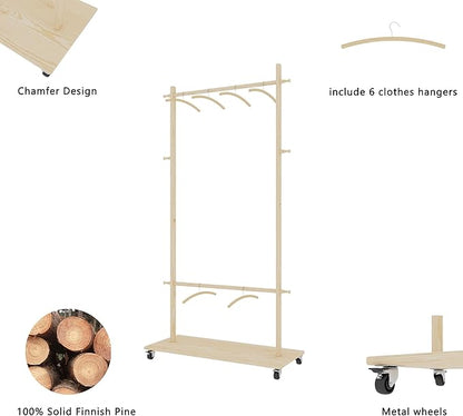 Solid Wood Coat Rack with 6 Hangers & Wheels, Freestanding Garment Rack with Shelf & 4 Hooks for Hanging Clothes, Heavy Duty Coat Stand for Hallway, Bedroom