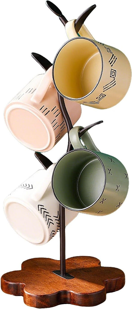 Wooden Base Coffee Mug Holder Tree - Leaf Shaped Countertop Mug Rack with 4 Hooks,Tea Cup Storage Rack, Breakroom Decor, Kitchen & Coffee Bar Accessory Organizer
