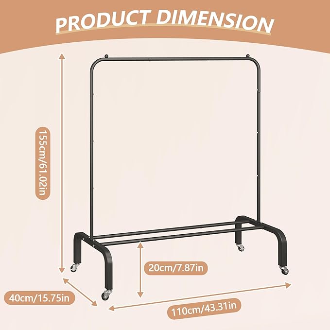JIUYOTREE Metal Clothing Rack with Wheels, 43.3 Inches Rolling Clothes Garment Coat Rack with Bottom Shelf, Clothing Rack for Hanging Clothes, Coats, Skirts, Shirts, Sweaters, Black