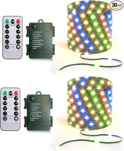 33ft Battery Operated String Lights (2 Pack), 100 LED Fairy String Lights Battery Powered w/Remote & Timer for Indoor Outdoor Christmas Trees Wreath Decoration Bedroom Patio - Multicolor