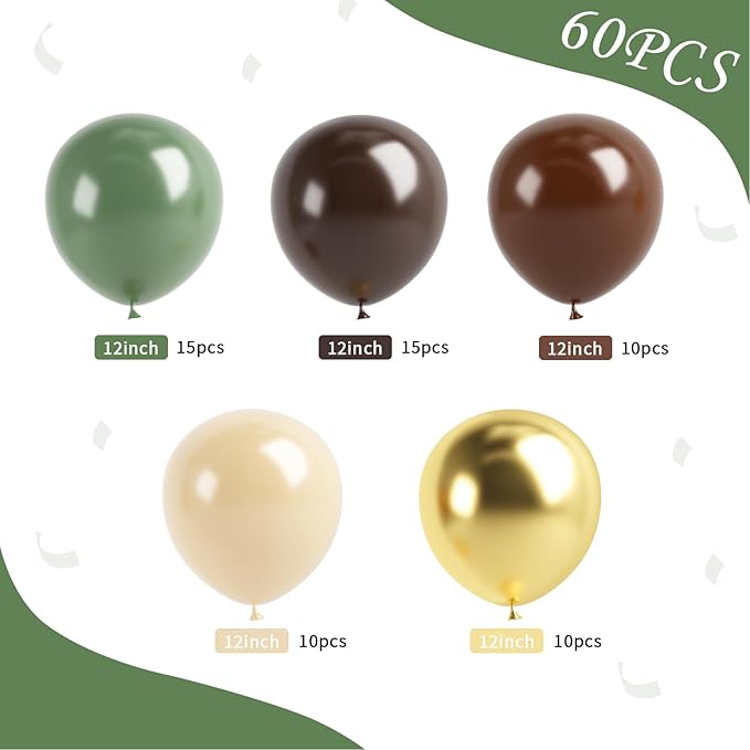 Green Gold Brown Balloon, 60 Pcs 12 Inches Olive Green Dark Brown Coffee Nude Gold Balloons for Jungle Safari Woodland Hunting Birthday Decorations