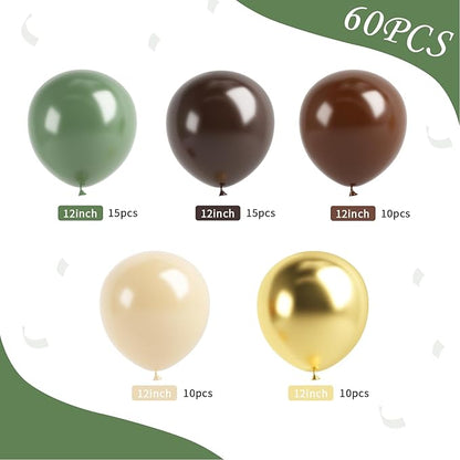 Green Gold Brown Balloon, 60 Pcs 12 Inches Olive Green Dark Brown Coffee Nude Gold Balloons for Jungle Safari Woodland Hunting Birthday Decorations