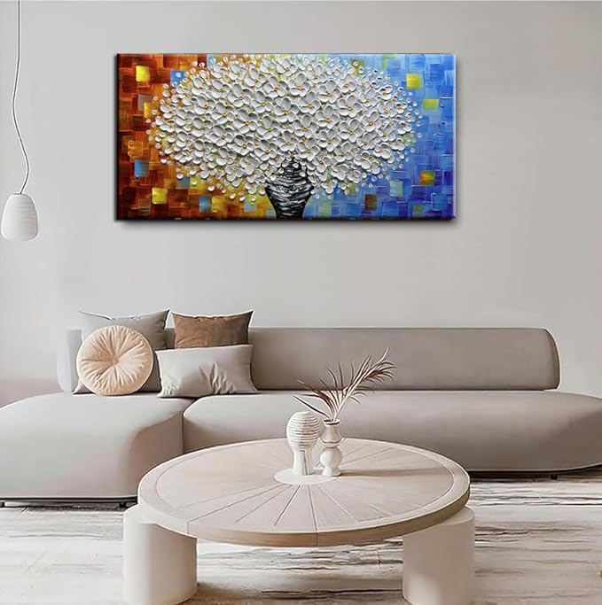 YaSheng Art- 3D Thick Texture White Floral Canvas Wall Art Oil Painting on Canvas Handmade Abstract Floral vase Artwork Home Modern bedroom Dining Room Office Decor Wall Art Ready to Hang 24x48