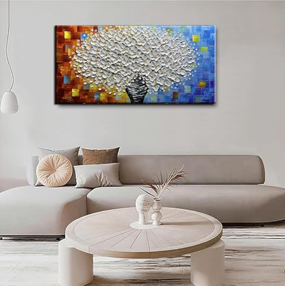 YaSheng Art- 3D Thick Texture White Floral Canvas Wall Art Oil Painting on Canvas Handmade Abstract Floral vase Artwork Home Modern bedroom Dining Room Office Decor Wall Art Ready to Hang 24x48